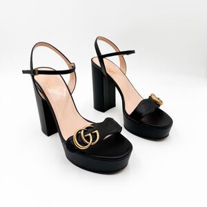 Gucci Marmont GG Platform Sandals EU 38 US 8 Black Leather Block High Heel